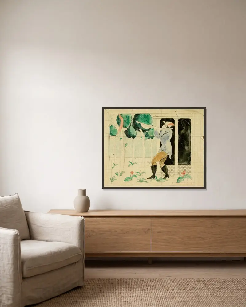 Design for the Carpet ‘The Hunter’ av Gustave Van de Woestijne inramad på en vägg