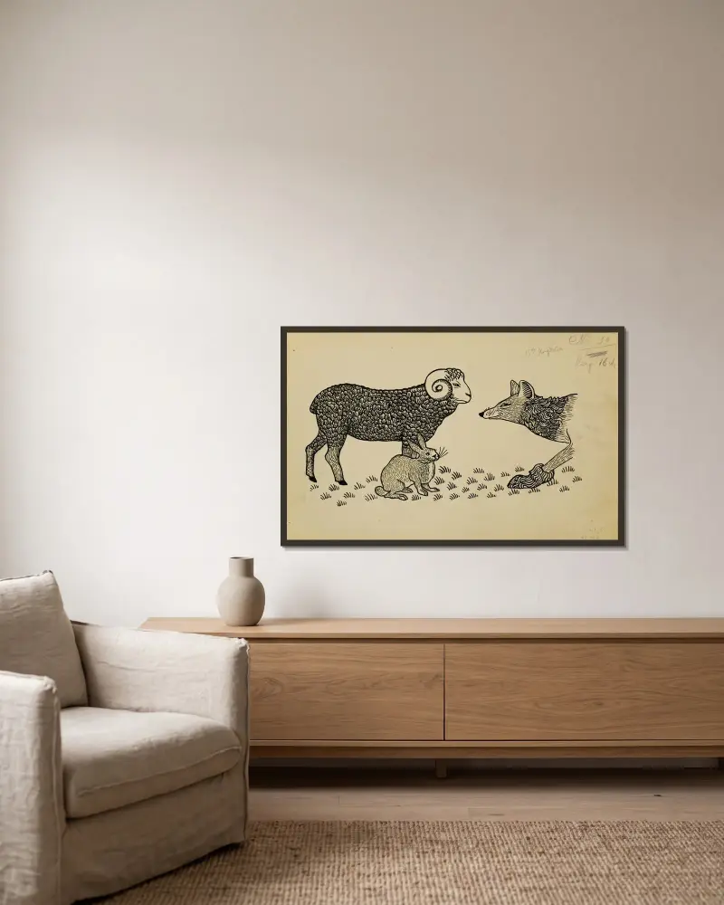 Wie Reineke sich auf eine große Pilgerfahrt vorbereitet, von Belijn verlesen wird und wie er sich vom Hof verabschiedet von Gustave Van de Woestijne gerahmt an einer Wand