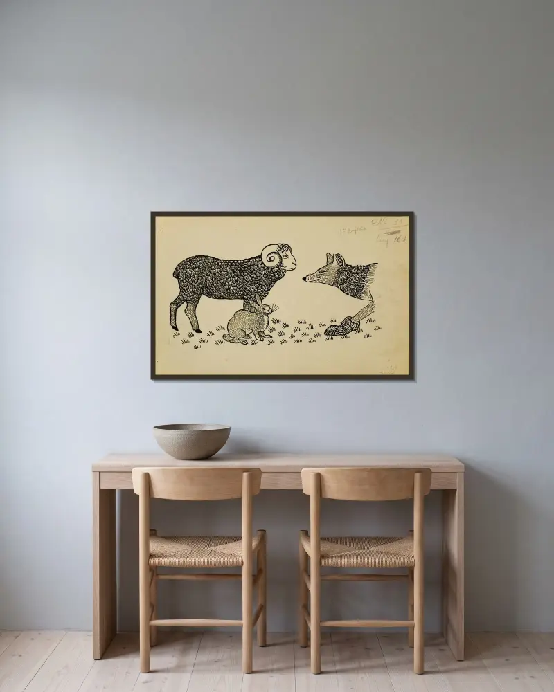 Wie Reineke sich auf eine große Pilgerfahrt vorbereitet, von Belijn verlesen wird und wie er sich vom Hof verabschiedet von Gustave Van de Woestijne gerahmt an einer Wand