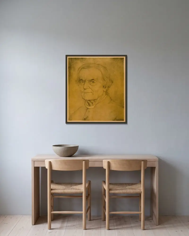 Porträtt av Hugo Verriest av Gustave Van de Woestijne inramad på en vägg