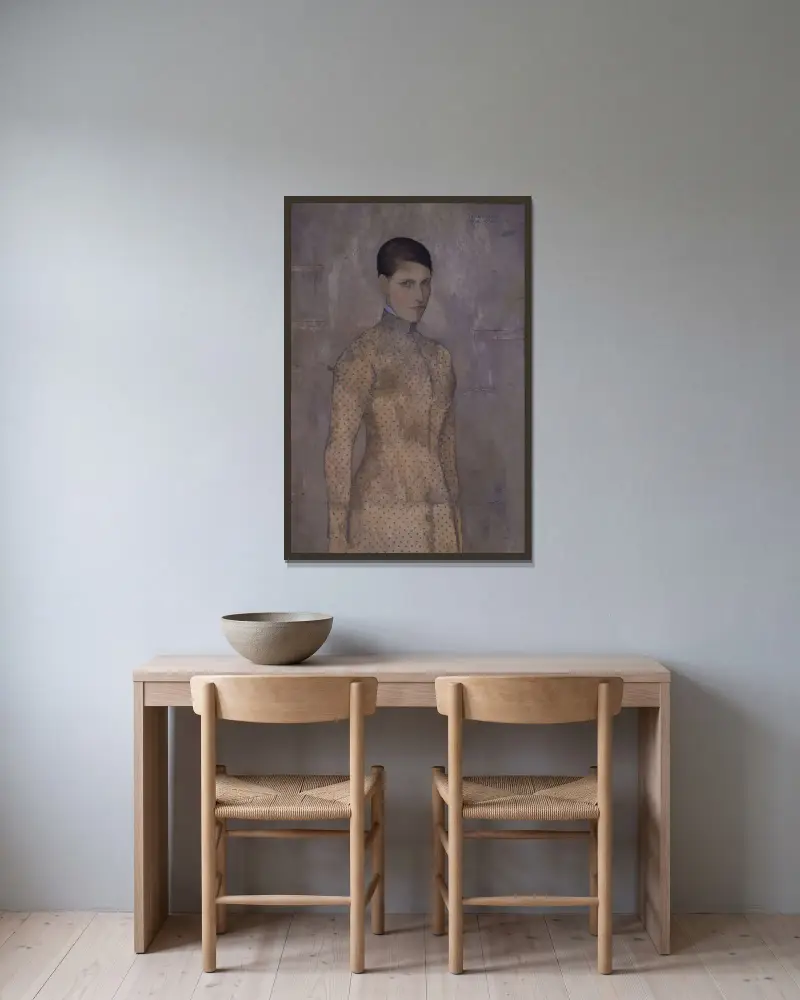 Porträtt av Prudence De Schepper, konstnärens hustru av Gustave Van de Woestijne inramad på en vägg