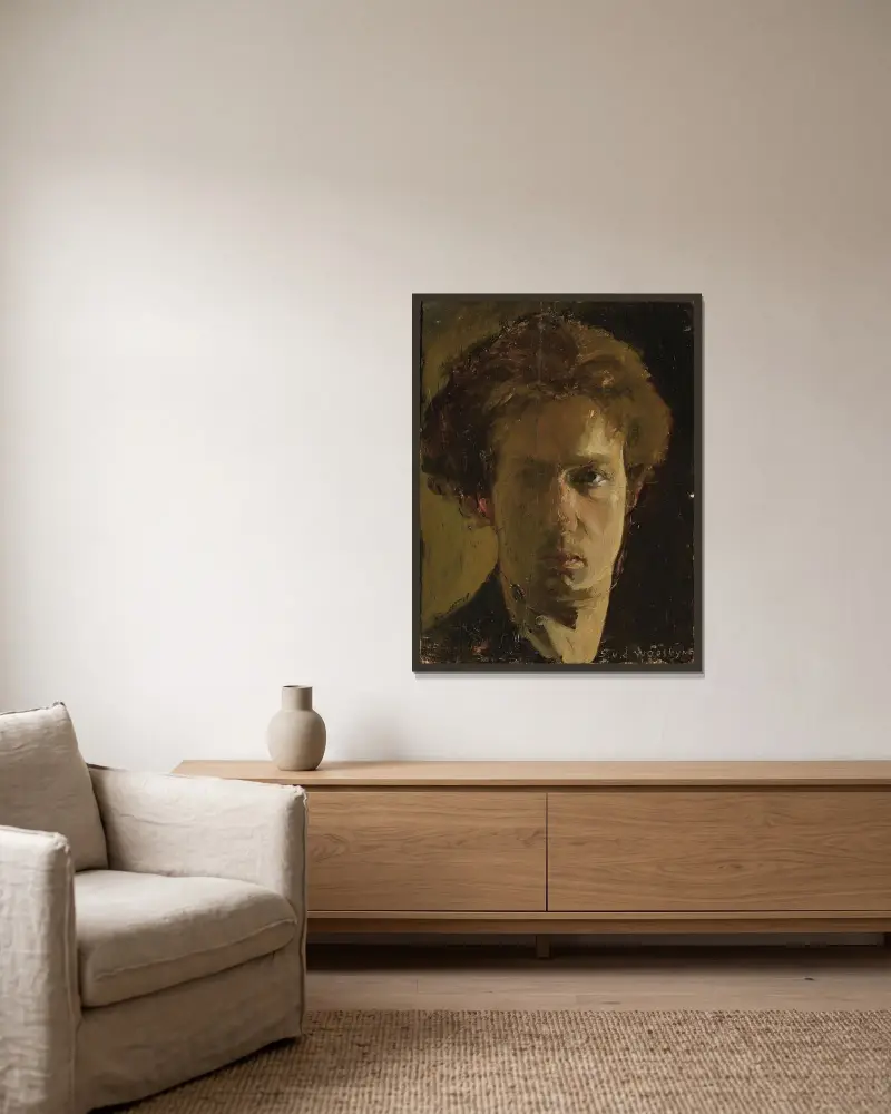 Självporträtt av Gustave Van de Woestijne inramad på en vägg