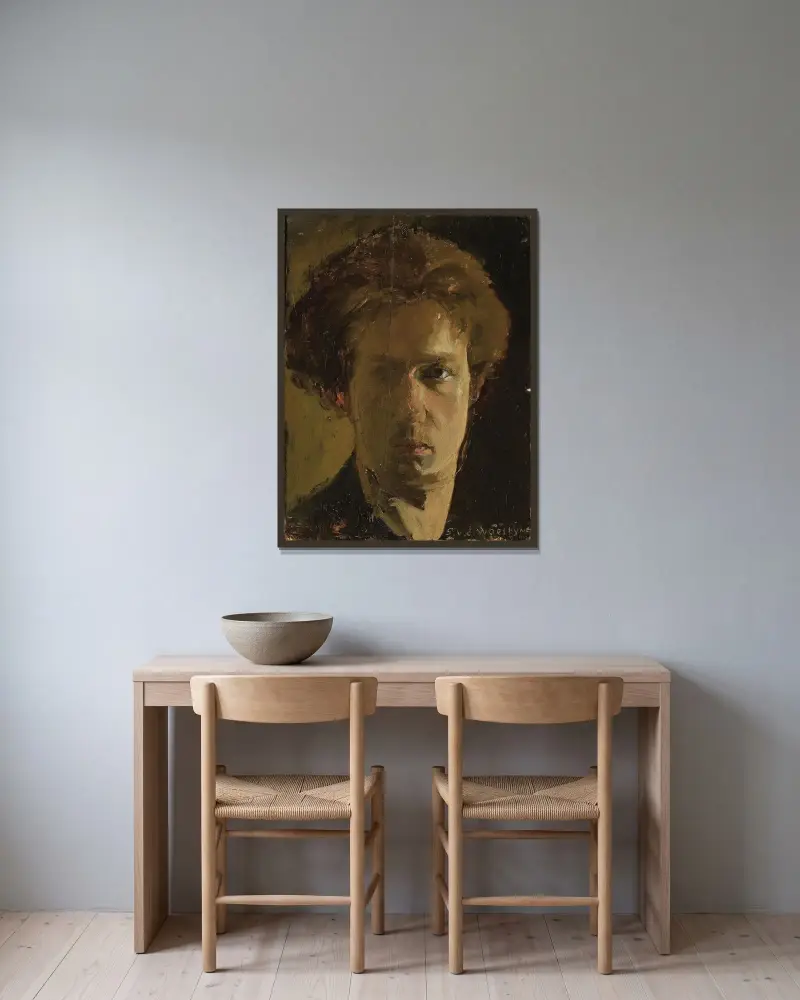 Självporträtt av Gustave Van de Woestijne inramad på en vägg