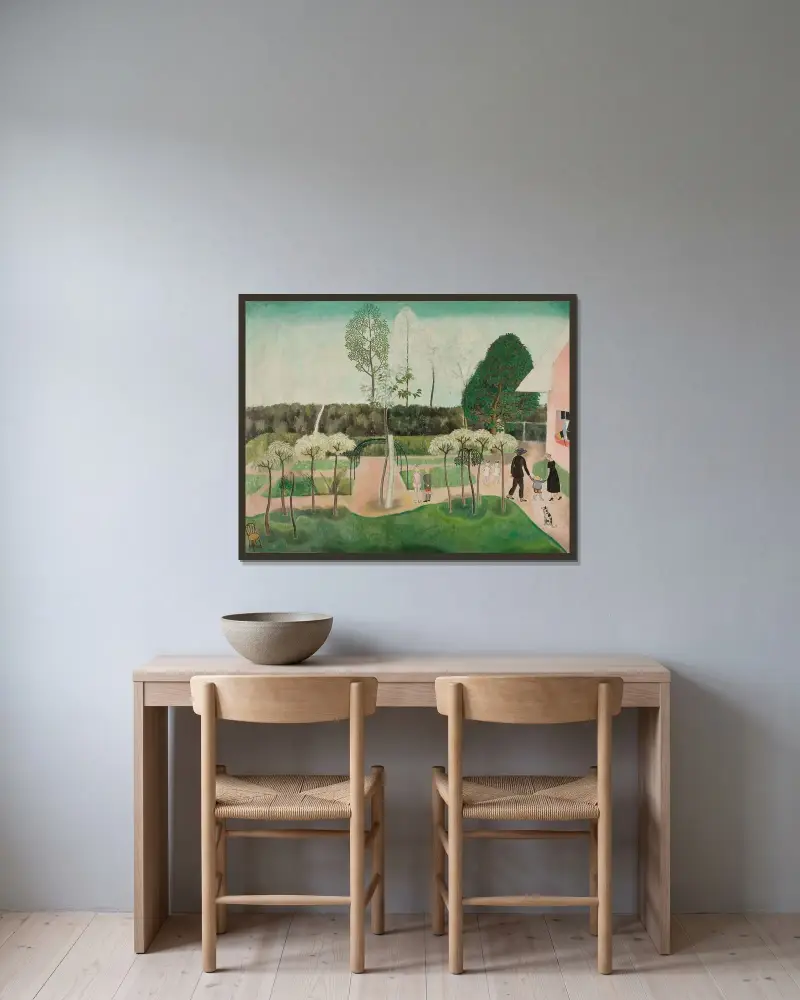 Familjen i trädgården av Gustave Van de Woestijne inramad på en vägg