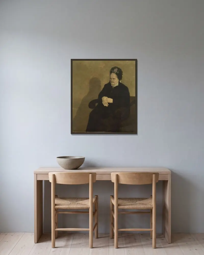 Farmodern eller Porträtt av Roos Van Wijnendaele av Gustave Van de Woestijne inramad på en vägg