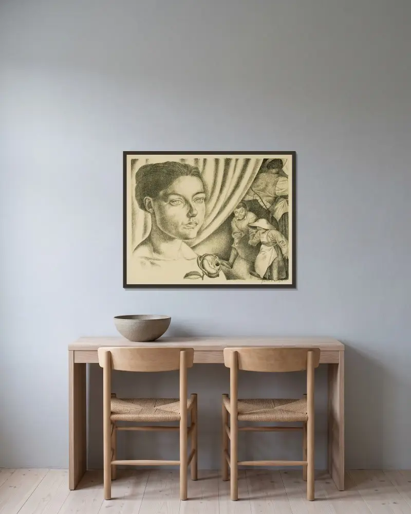 Bymarknaden av Gustave Van de Woestijne inramad på en vägg