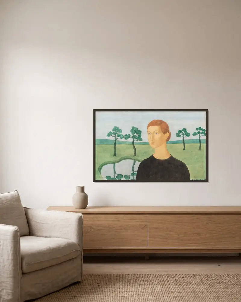 Porträt einer jungen Frau in einer Landschaft von Gustave van de Woestyne gerahmt an einer Wand