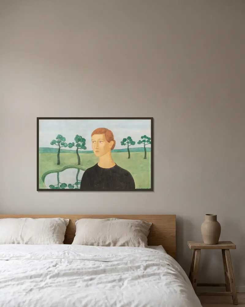 Porträt einer jungen Frau in einer Landschaft von Gustave van de Woestyne gerahmt an einer Wand