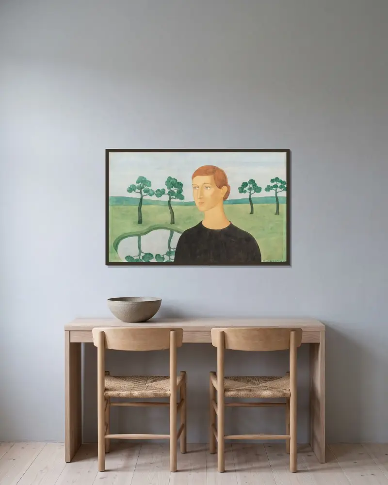 Porträt einer jungen Frau in einer Landschaft von Gustave van de Woestyne gerahmt an einer Wand