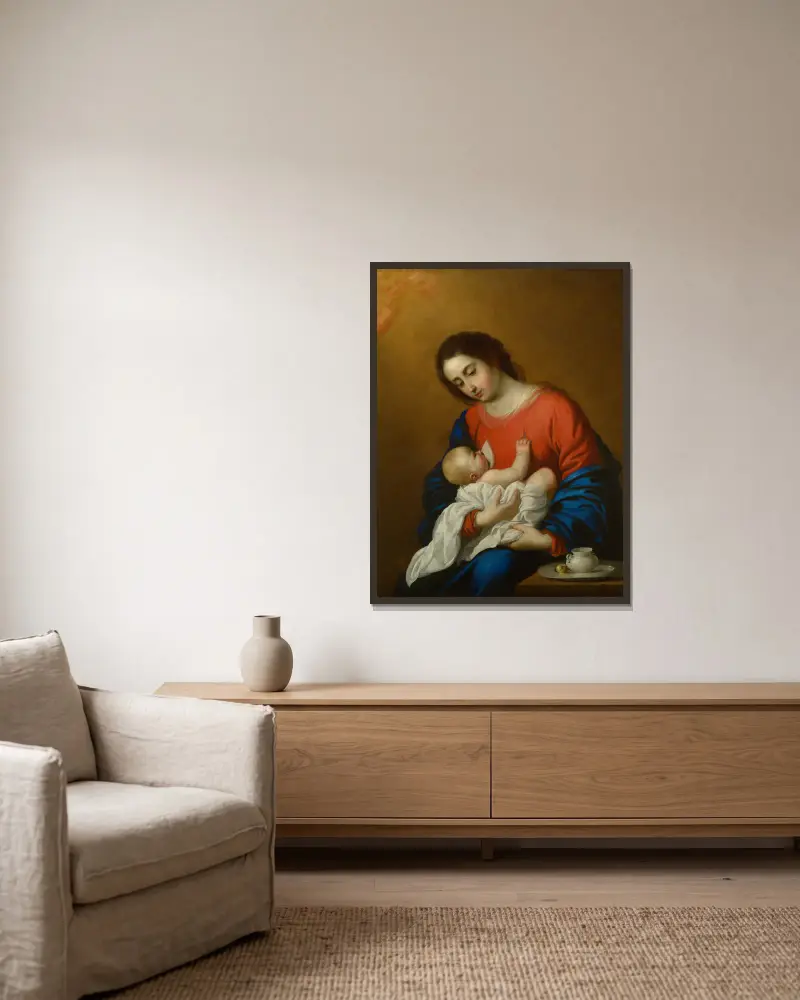 Madonna And Child av Francisco de Zurbarán inramad på en vägg