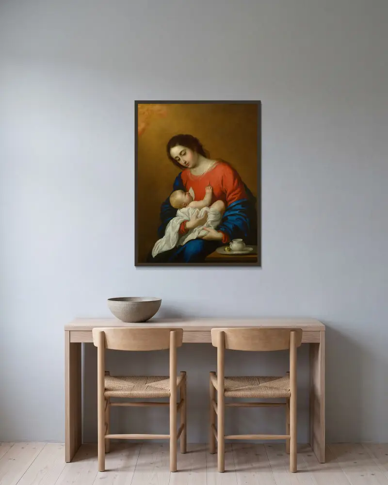 Madonna And Child av Francisco de Zurbarán inramad på en vägg