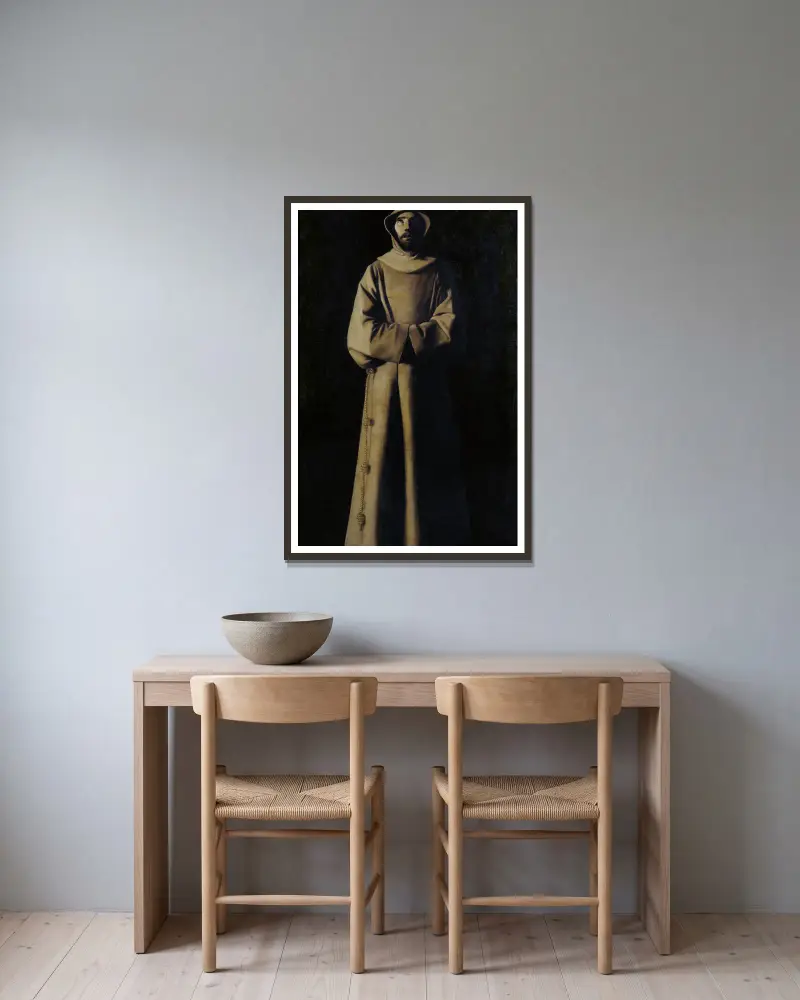 Den helige Franciskus av Assisi enligt påve Nicolaus V:s vision av Francisco de Zurbarán inramad på en vägg