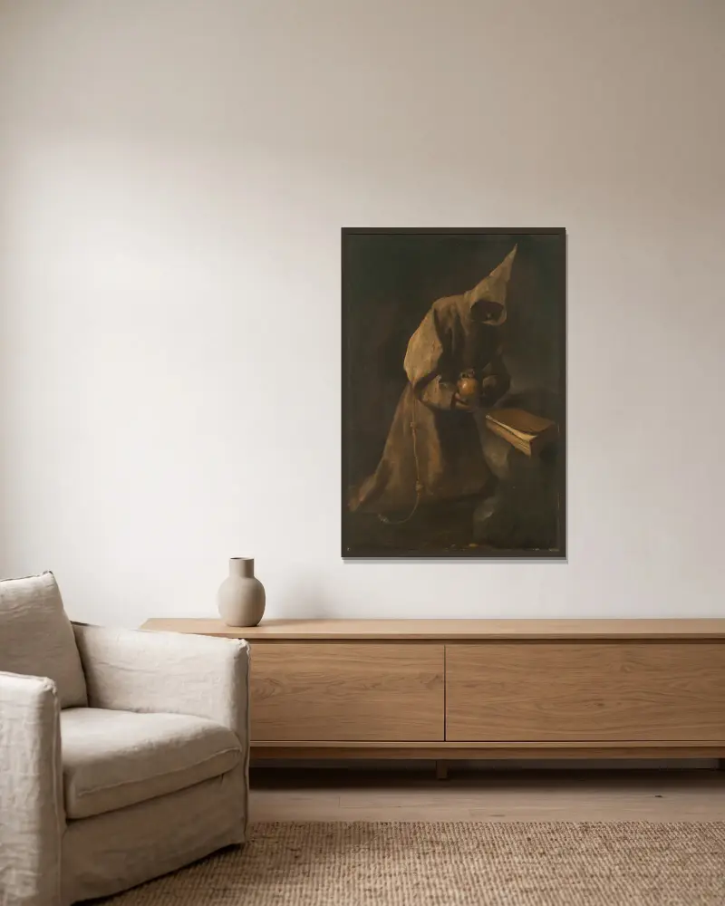 Svatý František v meditaci, Francisco de Zurbarán v rámu na stěně