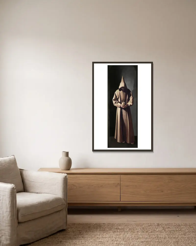 St. Francis Contemplating a Skull av Francisco de Zurbarán inramad på en vägg