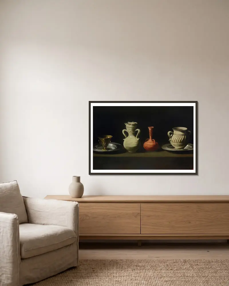 Still Life With Four Vessels (from 1635 until 1664) av Francisco de Zurbarán inramad på en vägg