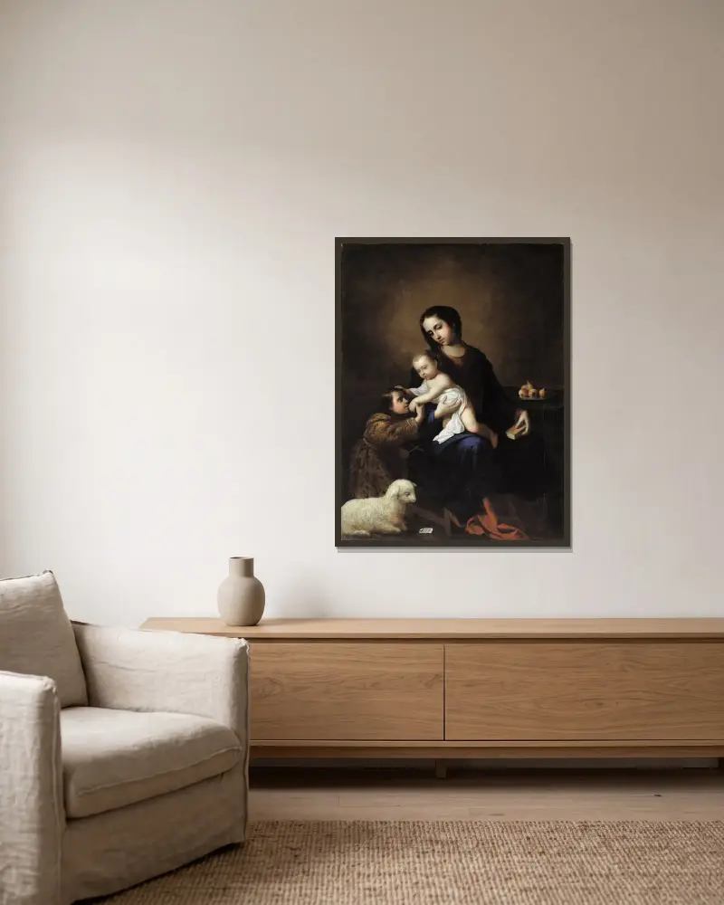 Jungfrun och barnet med Johannes Döparen som barn av Francisco de Zurbarán inramad på en vägg
