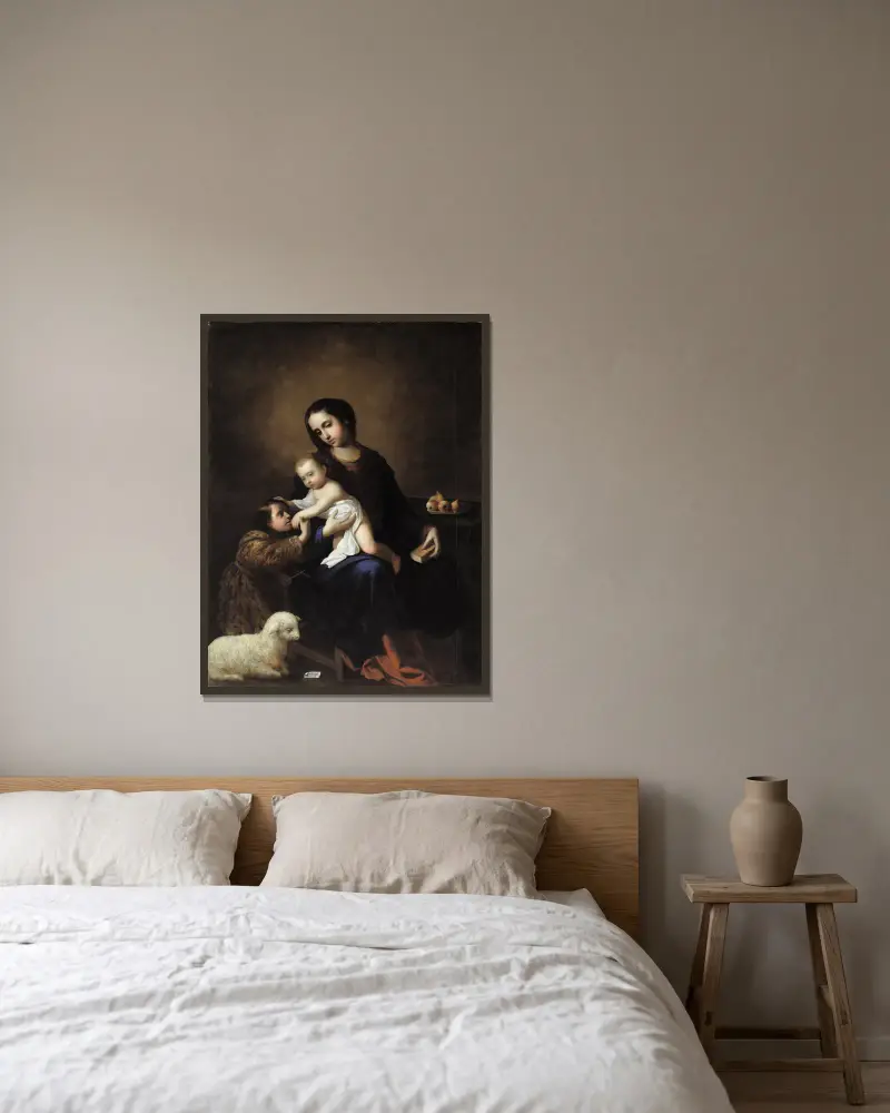Jungfrun och barnet med Johannes Döparen som barn av Francisco de Zurbarán inramad på en vägg