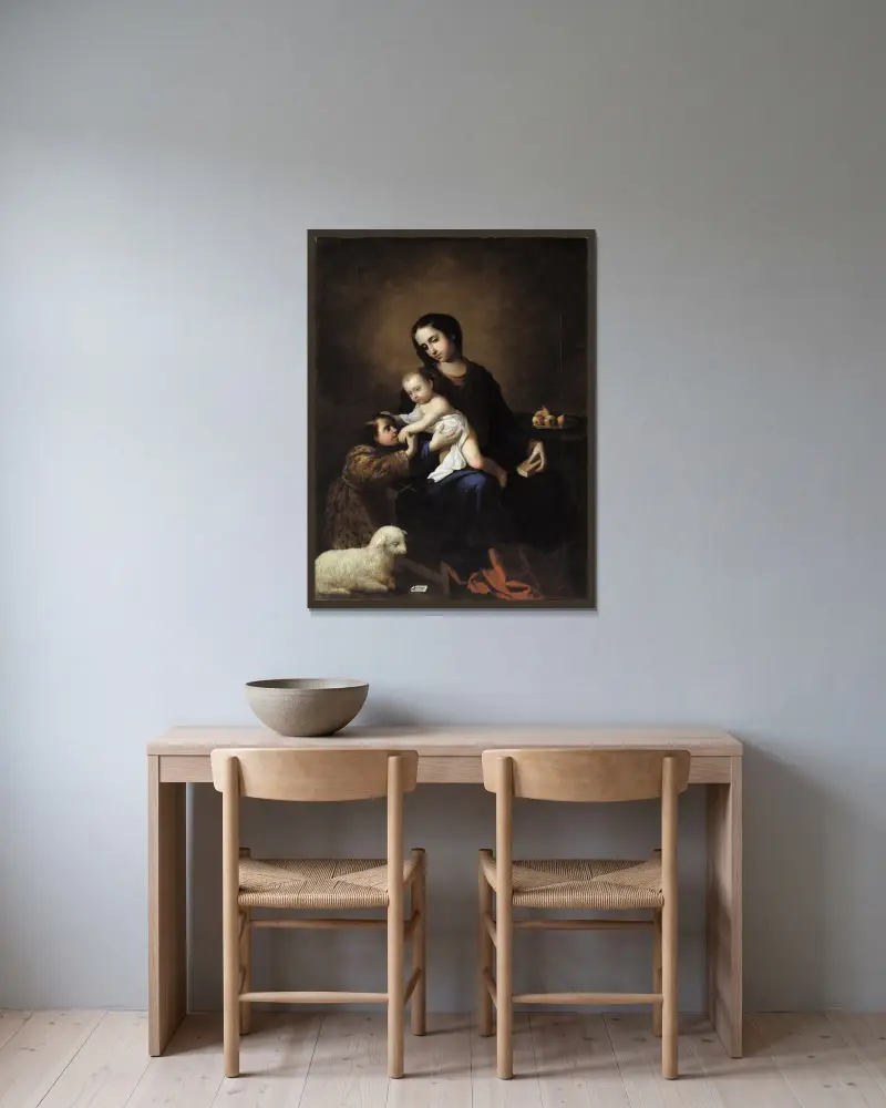Jungfrun och barnet med Johannes Döparen som barn av Francisco de Zurbarán inramad på en vägg