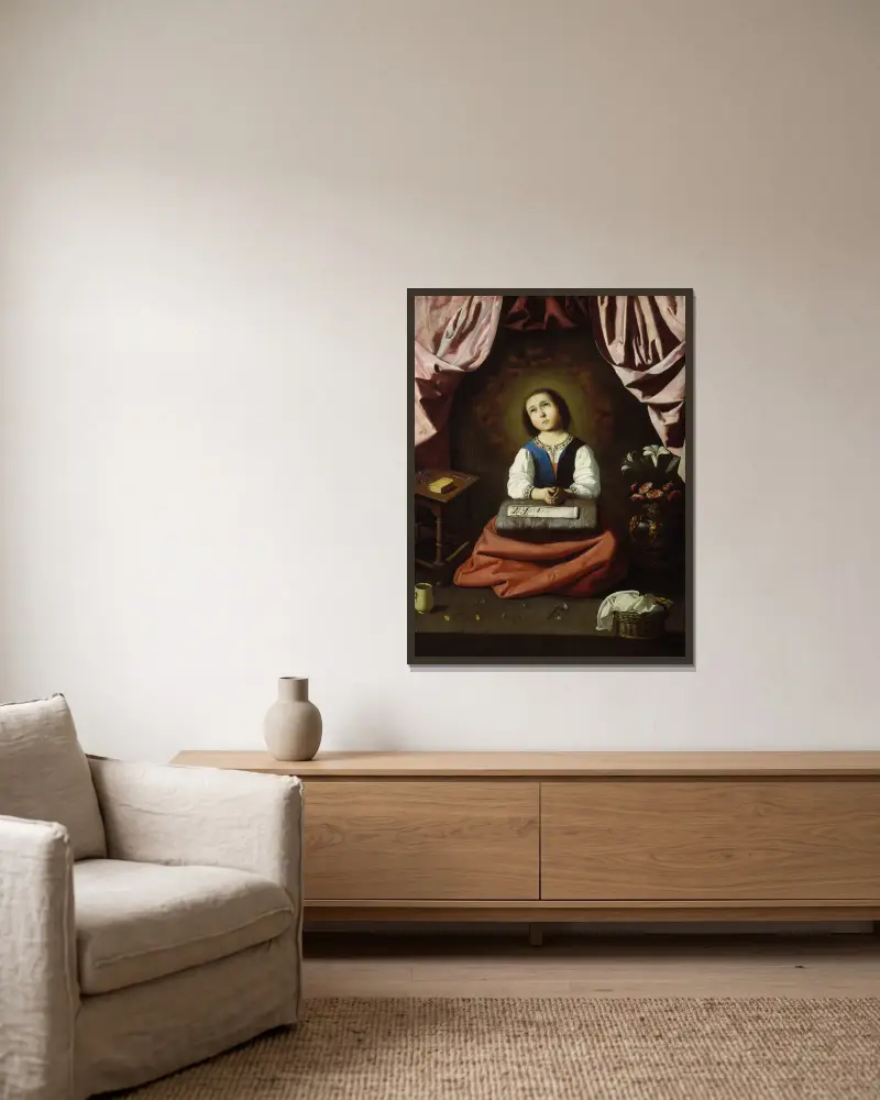 Die junge Jungfrau von Francisco de Zurbarán gerahmt an einer Wand