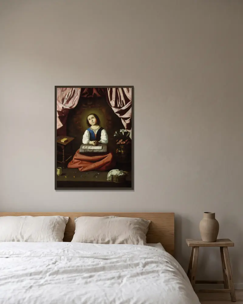 Die junge Jungfrau von Francisco de Zurbarán gerahmt an einer Wand