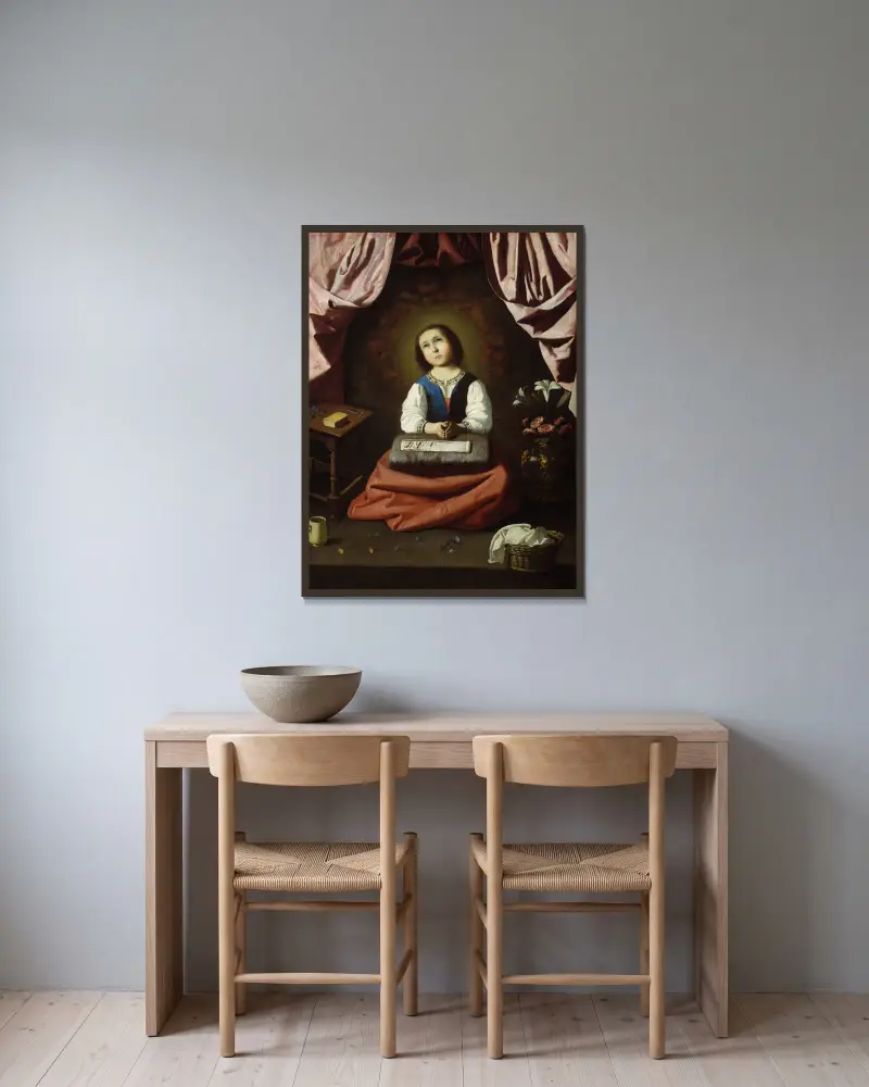 Die junge Jungfrau von Francisco de Zurbarán gerahmt an einer Wand