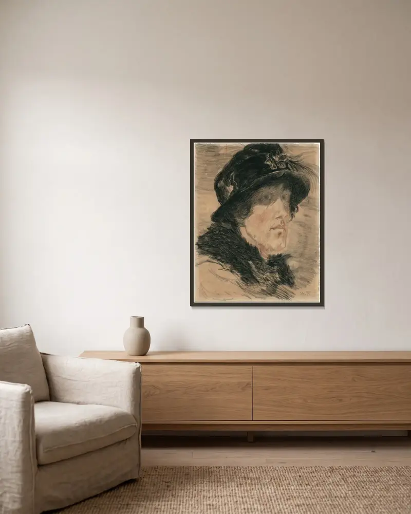 Kvinnohuvud med hatt och päls av Willem de Zwart inramad på en vägg