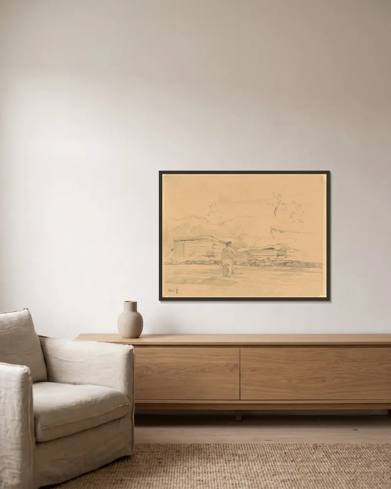 Landschap met man in het midden voor een schuurtje av Willem de Zwart inramad på en vägg