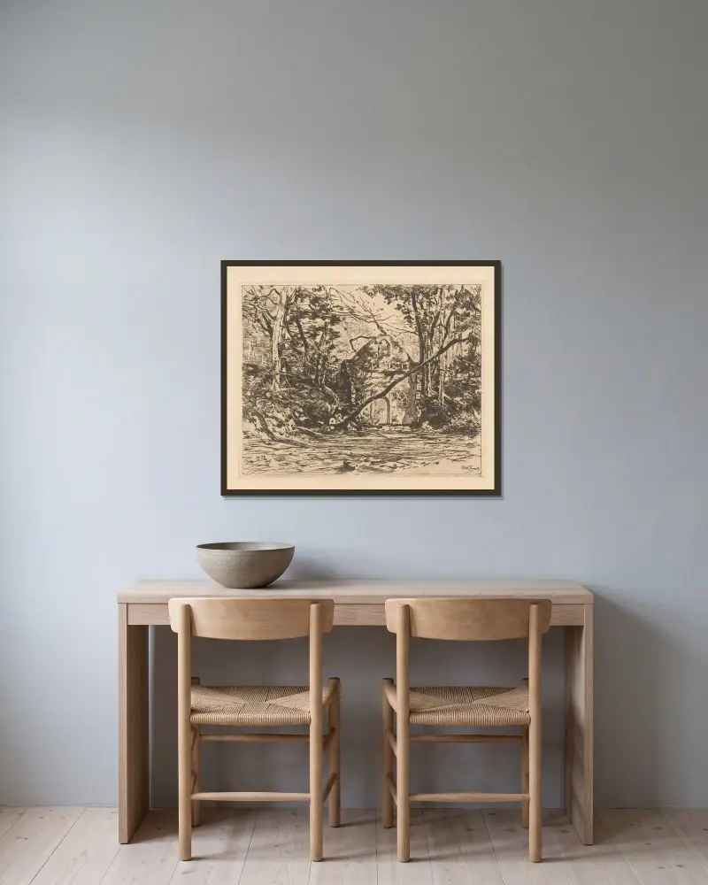 Ruinen vid en damm (Lage Vuursche) av Willem de Zwart inramad på en vägg