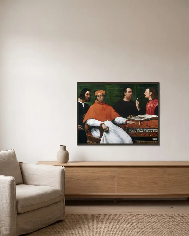Cardinal Bandinello Sauli,His Secretary and Two Geographers av Sebastiano del Piombo inramad på en vägg