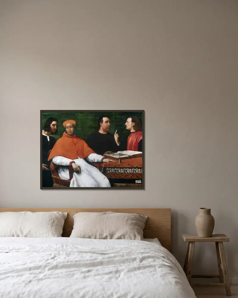 Cardinal Bandinello Sauli,His Secretary and Two Geographers av Sebastiano del Piombo inramad på en vägg