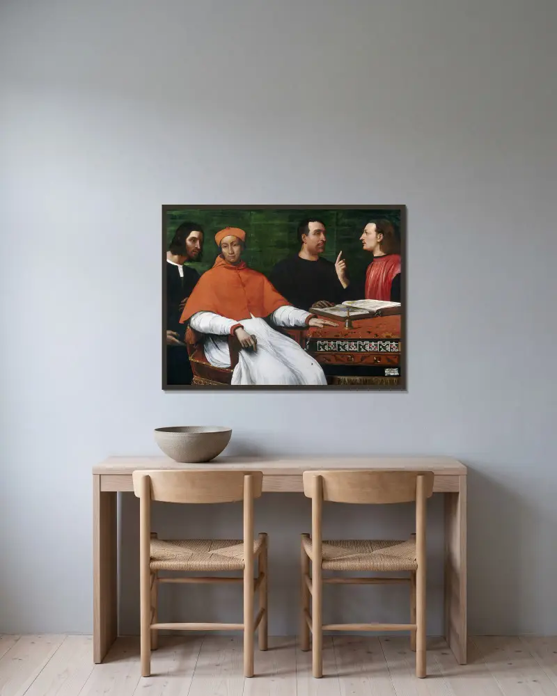 Cardinal Bandinello Sauli,His Secretary and Two Geographers av Sebastiano del Piombo inramad på en vägg