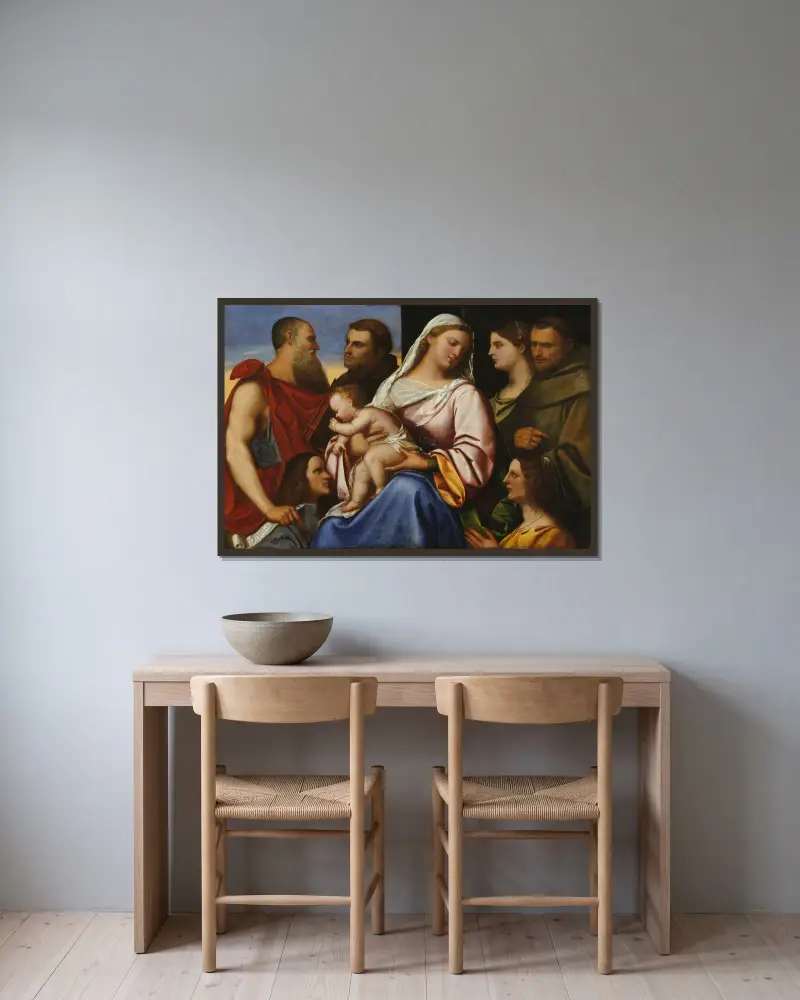 Madonna and Child with Saints and Donors av Sebastiano del Piombo inramad på en vägg