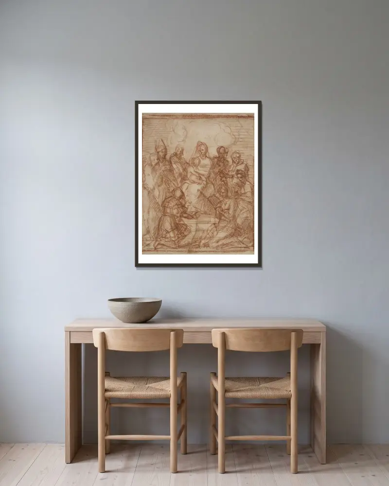 Enthroned Madonna with Child and eight saints av Andrea del Sarto inramad på en vägg