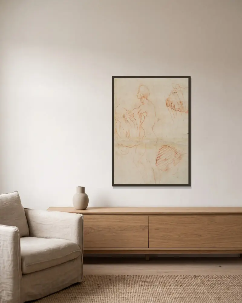 Figurenstudie und Gesicht von Andrea del Sarto gerahmt an einer Wand