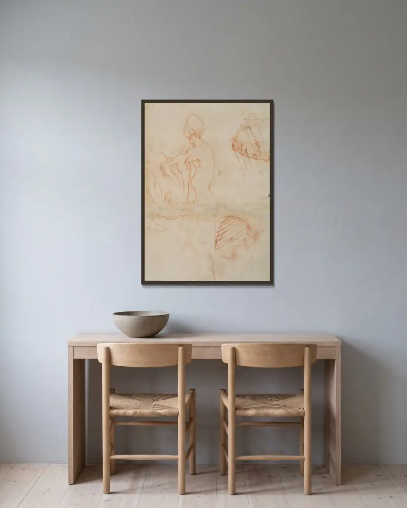 Figurenstudie und Gesicht von Andrea del Sarto gerahmt an einer Wand
