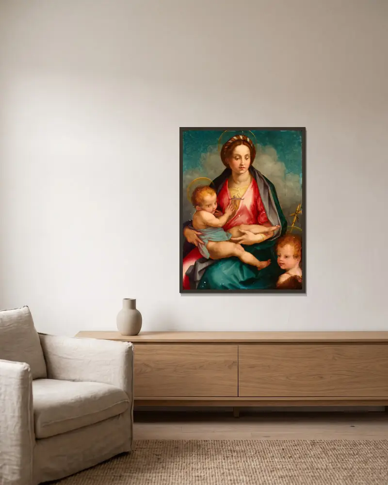 Madonna and Child with St John av Andrea del Sarto inramad på en vägg