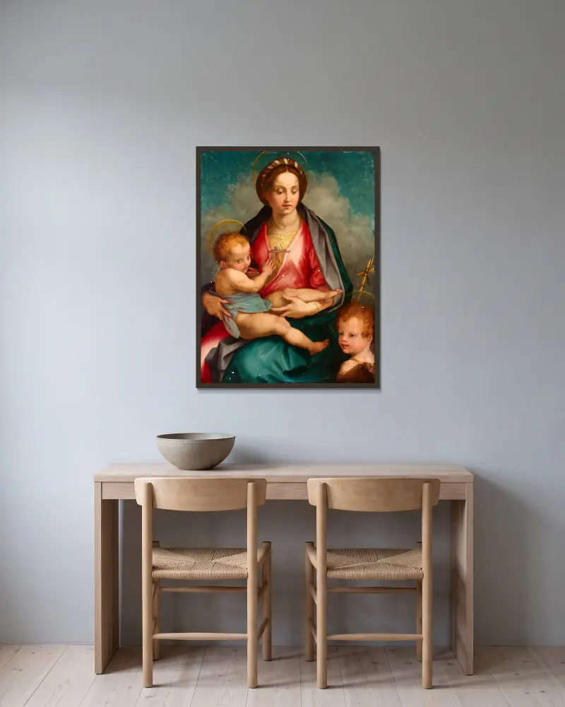 Madonna and Child with St John av Andrea del Sarto inramad på en vägg