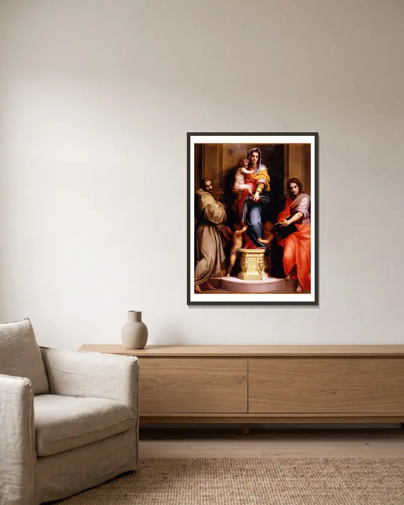 Madonna of the Harpies av Andrea del Sarto inramad på en vägg