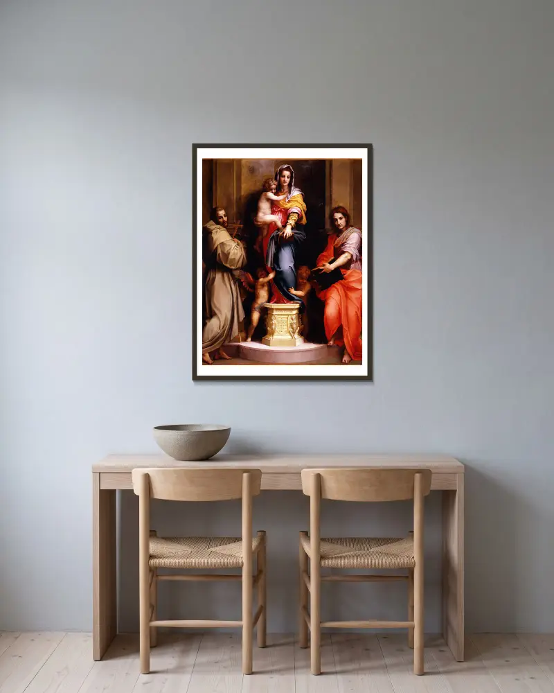 Madonna of the Harpies av Andrea del Sarto inramad på en vägg