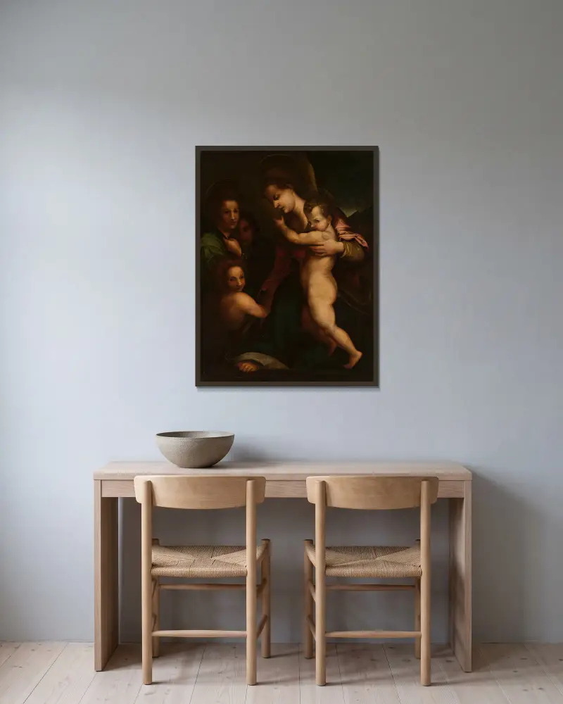 Madonna with Child Jesus and St. John av Andrea del Sarto inramad på en vägg