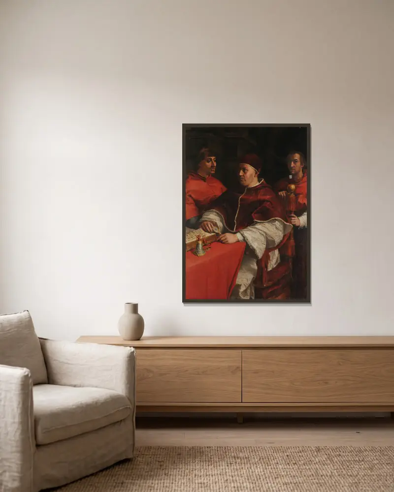 Portrait of Leo X with Cardinals Giulio de’ Medici and Luigi de’ Rossi av Andrea del Sarto inramad på en vägg