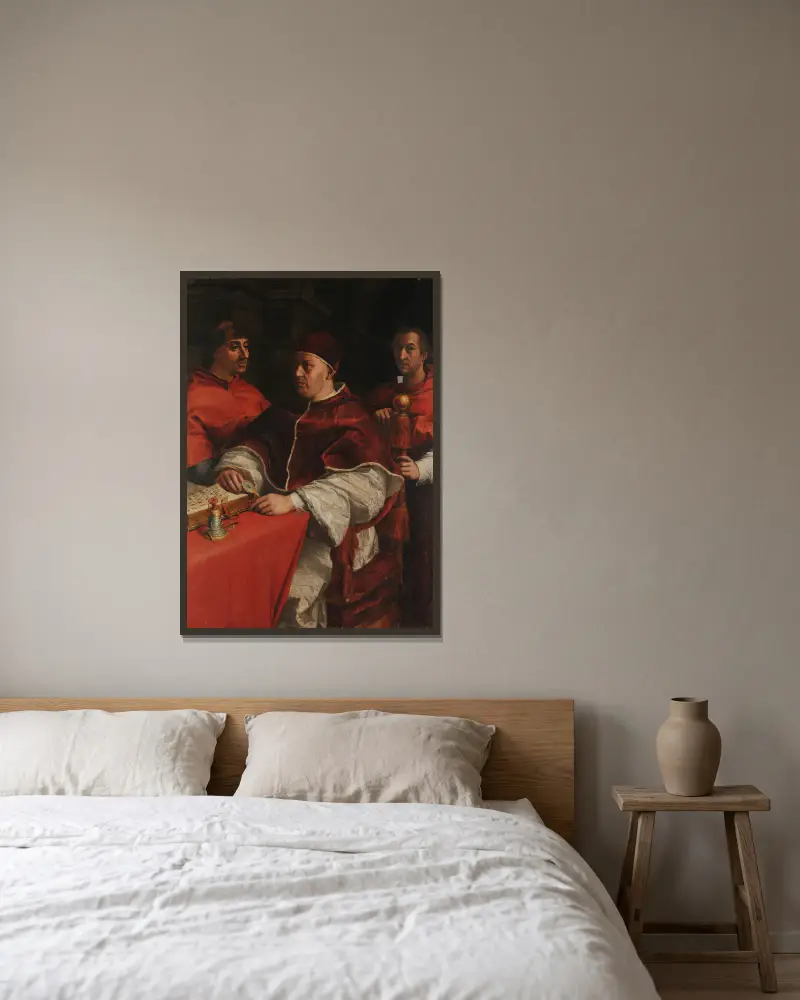 Portrait of Leo X with Cardinals Giulio de’ Medici and Luigi de’ Rossi av Andrea del Sarto inramad på en vägg