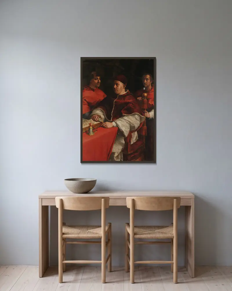 Portrait of Leo X with Cardinals Giulio de’ Medici and Luigi de’ Rossi av Andrea del Sarto inramad på en vägg