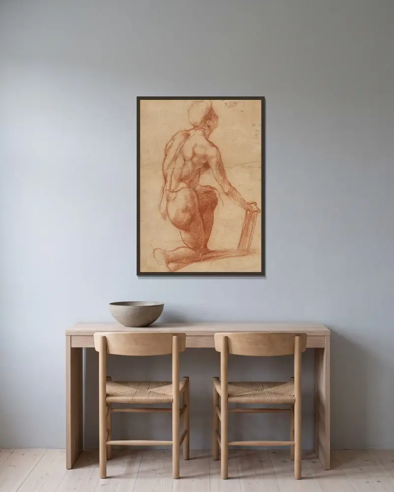 Studie einer knienden Figur mit Skizze eines Gesichts von Andrea del Sarto gerahmt an einer Wand