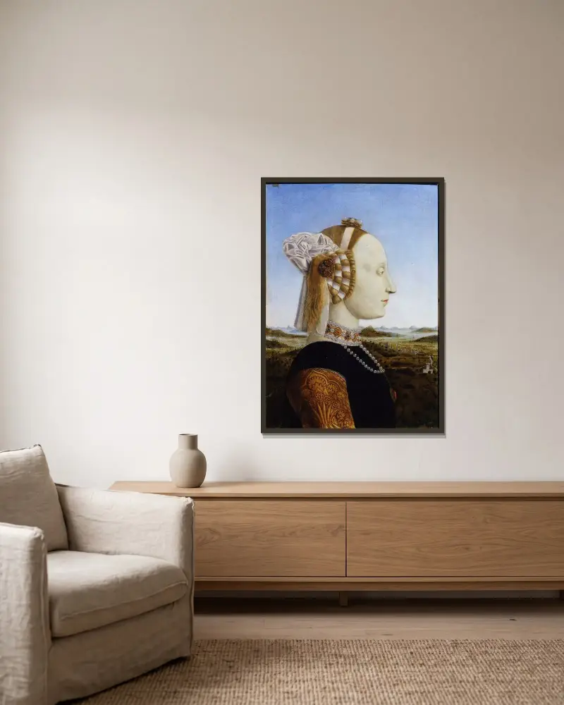 Porträt der Herzogin von Urbino, Battista Sforza von Piero Della Francesca gerahmt an einer Wand