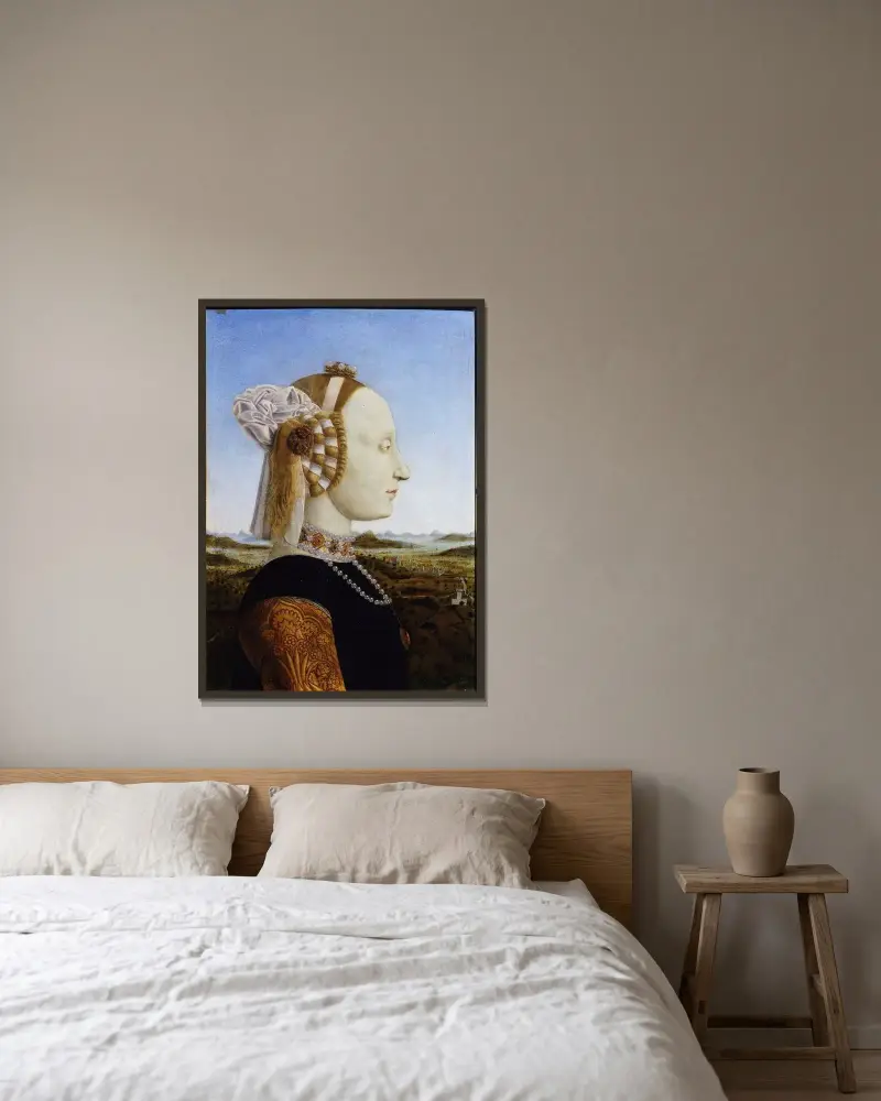 Porträt der Herzogin von Urbino, Battista Sforza von Piero Della Francesca gerahmt an einer Wand