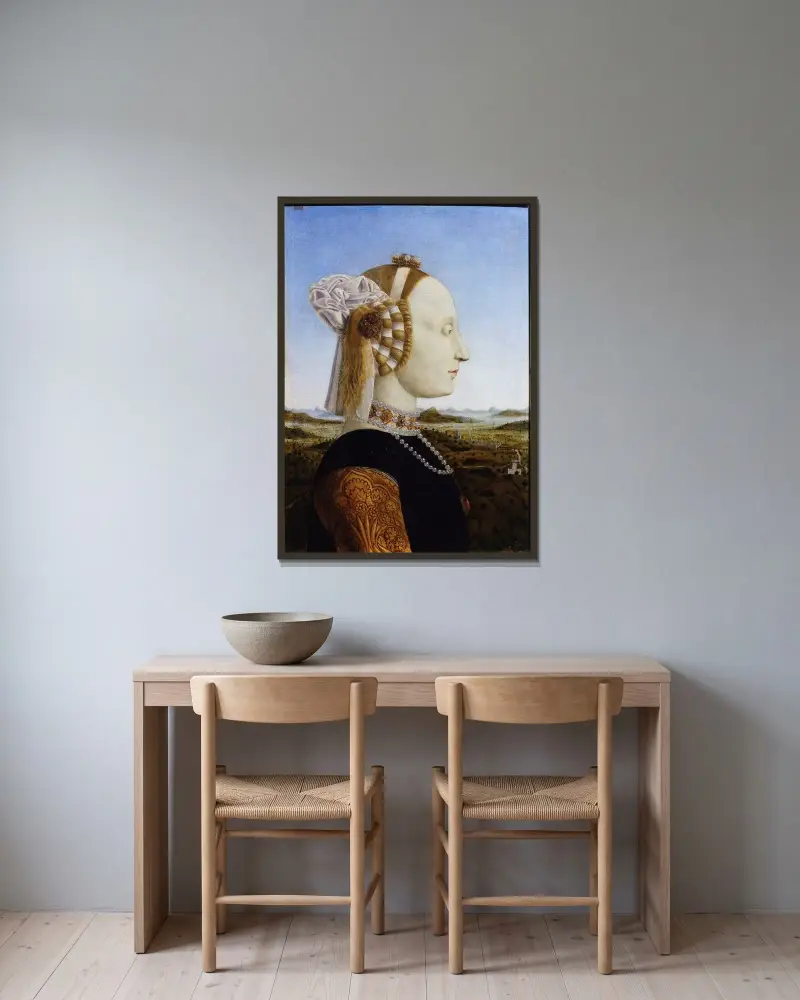 Porträt der Herzogin von Urbino, Battista Sforza von Piero Della Francesca gerahmt an einer Wand