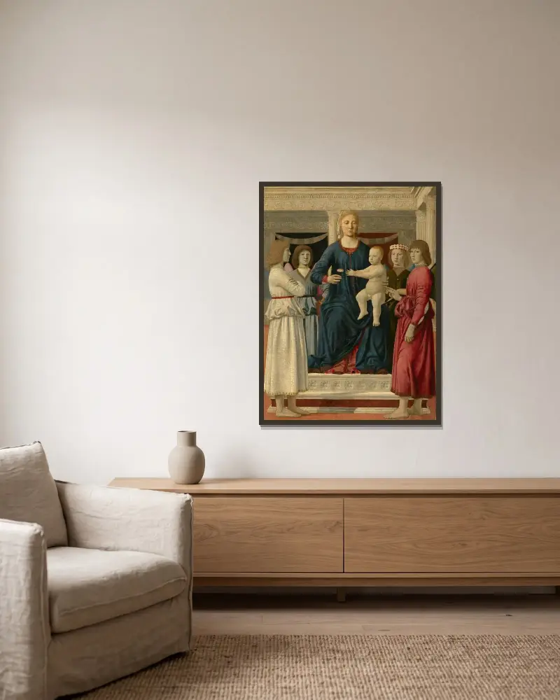 Virgin and child enthroned with four angels av Piero Della Francesca inramad på en vägg