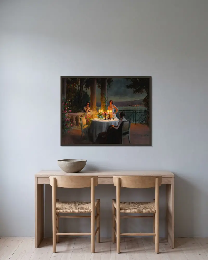 A candlelit dinner av Delphin Enjolras inramad på en vägg