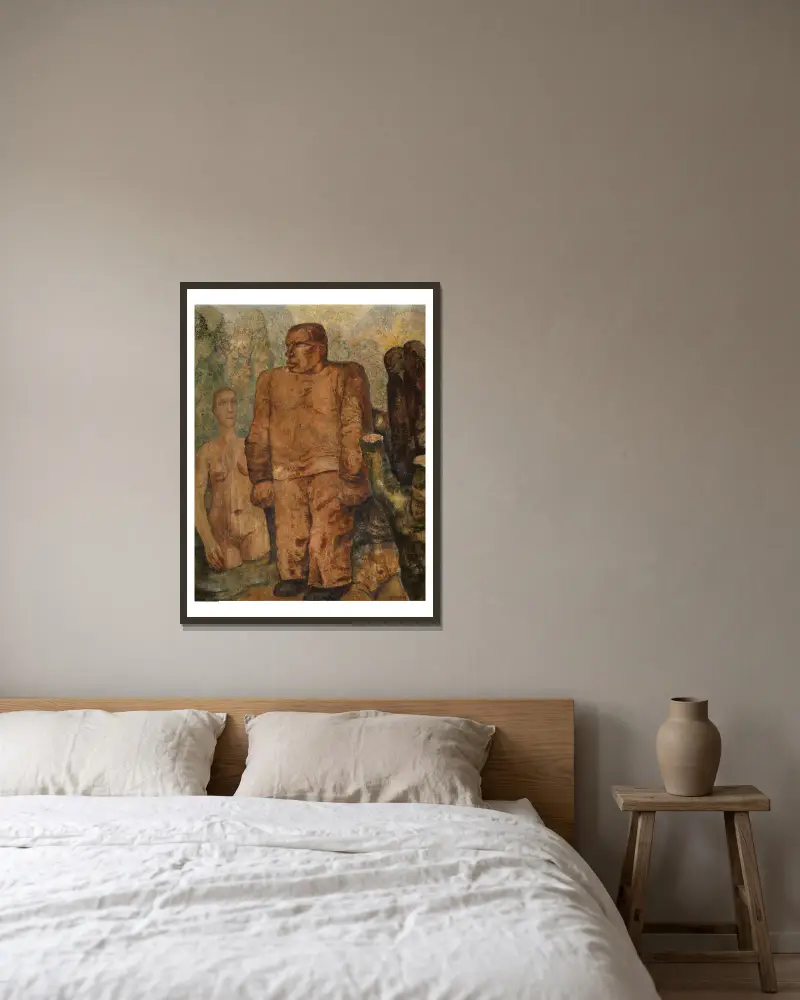 Man in the Universe av Frits van den Berghe inramad på en vägg